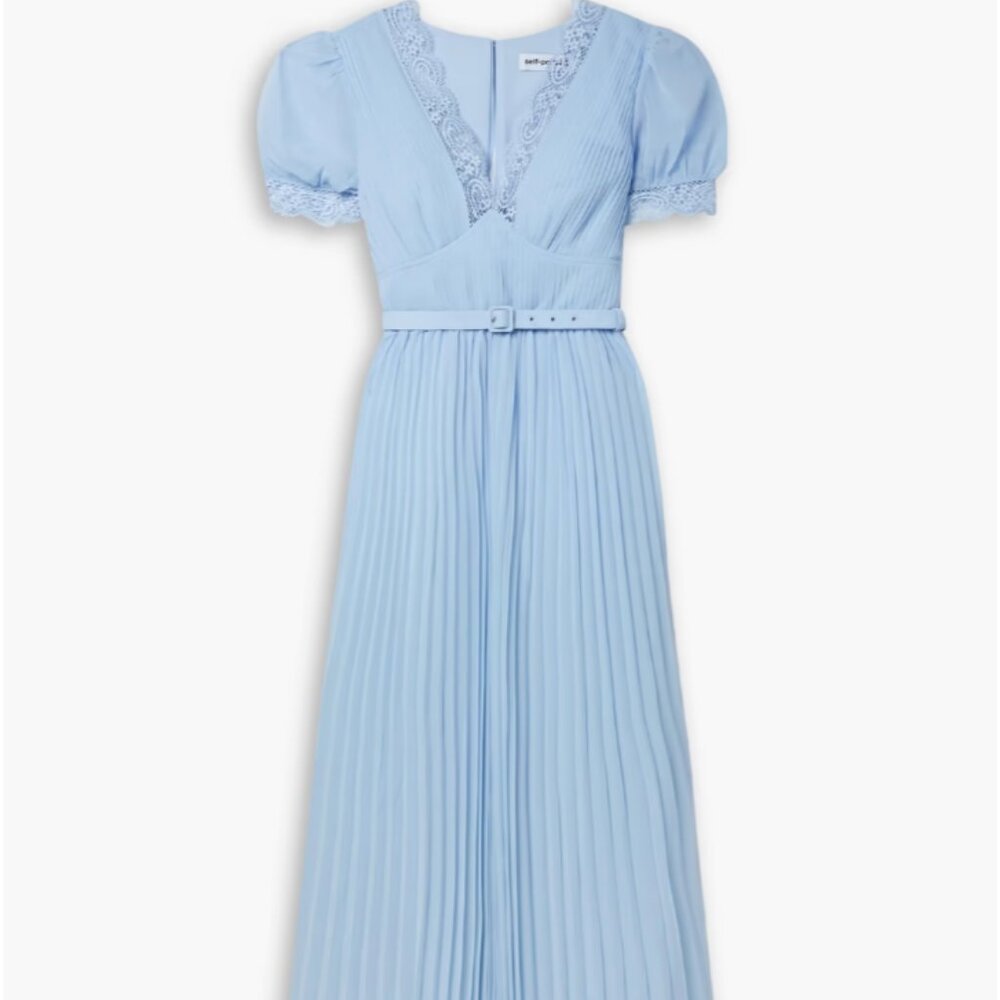 NWT Self-Portrait Belted pleated guipure lace-trimmed chiffon maxi dress